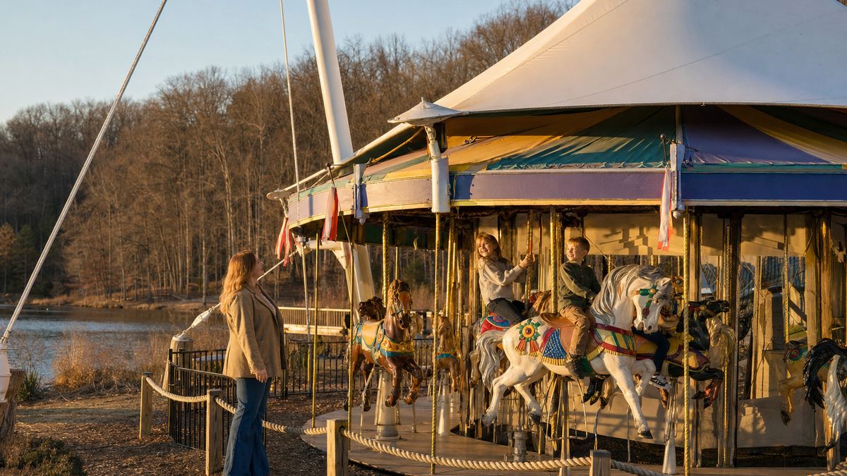 Children riding brightly painted antique carousel horses at Lake Accotink Park