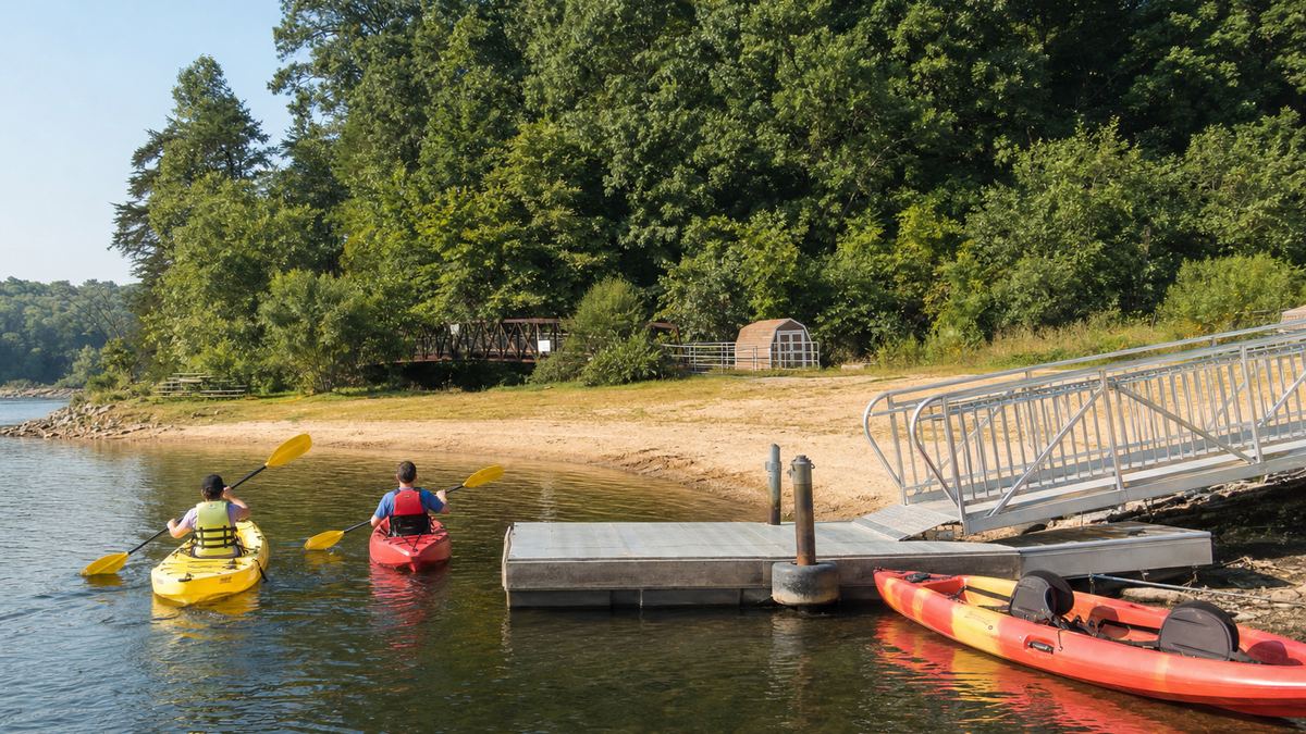 Kayakers paddling on Lake Accotink past a wooded shoreline, with the marina dock behind them